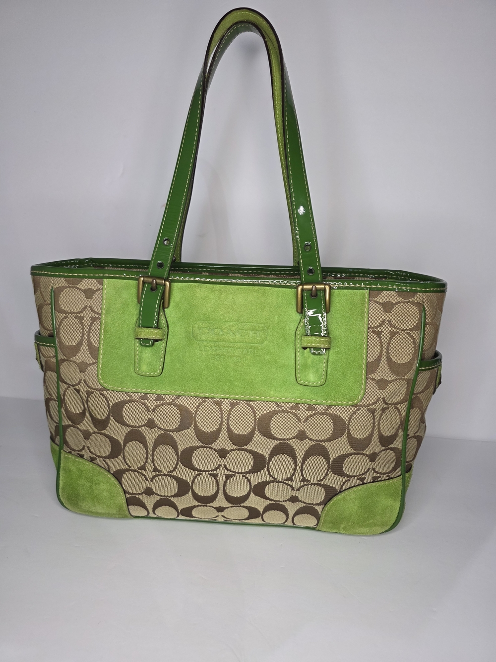 Rare Vintage Y2K Coach Signature Canvas Gallery Tote with Green Suede Trim 1443